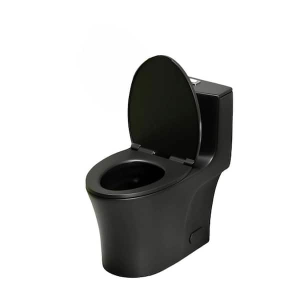 Round One-Piece Tornado Flush Toilet, Elongated, Siphonic 12in. Soft-Close, Tank-Top Button, Dual Flush 1000g, Black