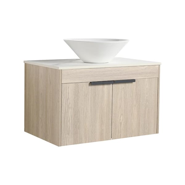 29.5 in. W Floating Wall-Mounted Bath Vanity in White Oak with White Ceramic Top