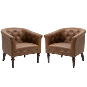 Mid-Century Brown PU Leather Button Upholstered Accent Chair with Solid Wood Legs(Set of 2)