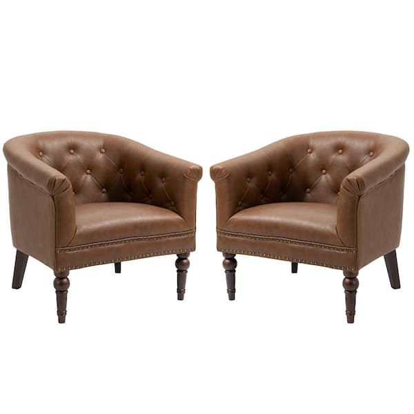 Uixe Mid-Century Brown PU Leather Button Upholstered Accent Chair with Solid Wood Legs(Set of 2)
