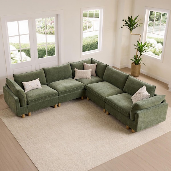 Wesley 118.1 in. 5-Piece Modern Corner Modular Rectangle Sofa in Green Fabric with Straight Arms for Living Room