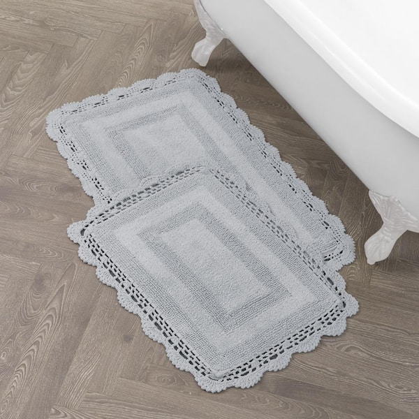 Laura Ashley Crochet 100% Cotton 17 in. x 24 in./21 in. x 34 in. 2-Piece Bath Rug Set in Light Grey