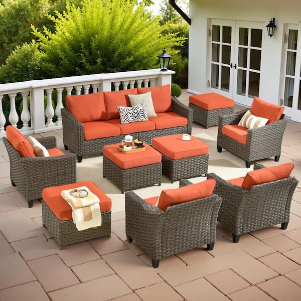 Naturno Gray 9-Piece Wicker Patio Conversation Set with Orange Red Cushions