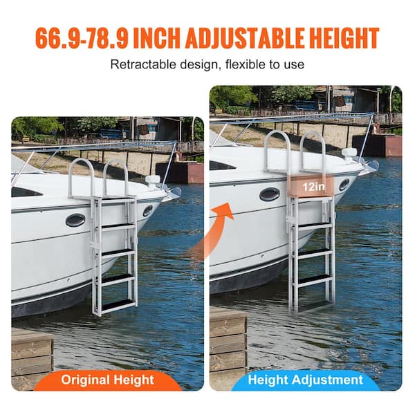 VEVOR Dock Ladder, Retractable 5 Steps, 350 lbs Load Capacity, Aluminum Alloy Pontoon Boat Ladder with 66.9''-78.9'' Adjustable