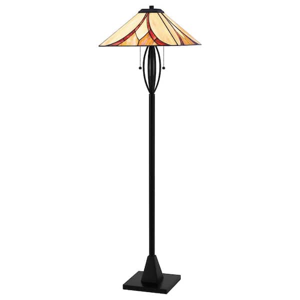 Home Decorators Collection Margrave 60 in. 2-Light Matte Black Floor Lamp with Tiffany Glass Shade
