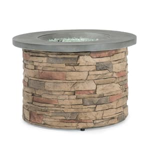 Sage 35 in. x 24 in. Round Stone Propane Fire Pit Table with Storage Cover