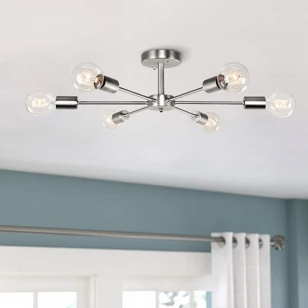 RRTYO Gallman 23.62 in. 6-Light Nickle Mid-Century Pendant Ceiling Light Sputnik Semi-Flush Mount
