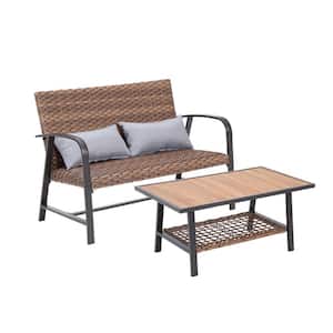 2-Piece Wicker Patio Conversation Set with Gray Pillows