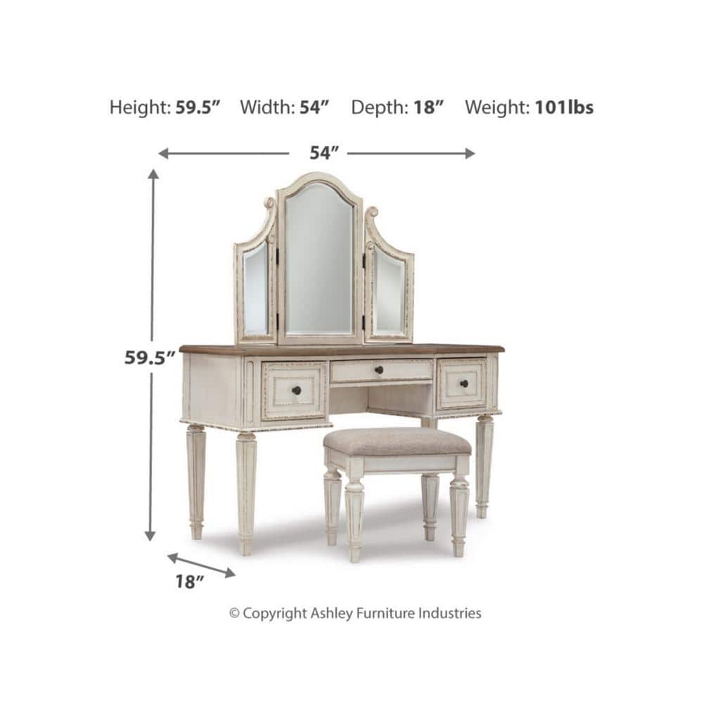 Rustic White 3-Drawer Vanity Set with Bench and Mirror