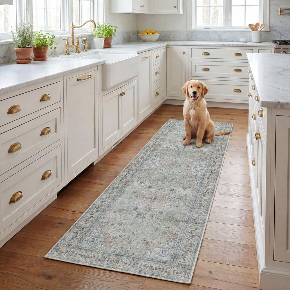 Tucson 3 ft. x 8 ft. Light Green/Beige Oriental Border Washable Runner Rug price history on PriceWatchPro