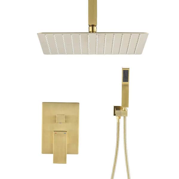 BTCSTAR STAR 12 in. Single-Handle Spray Square High Pressure Shower Faucet with Rainfall Shower Head Spray Gold (Valve Included)