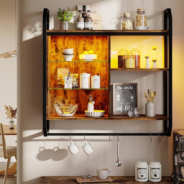 Bestier 33.07 in. W x 7.8 in. D Rustic Brown Composite Decorative Wall Shelf with LED Lights and Towel Rack