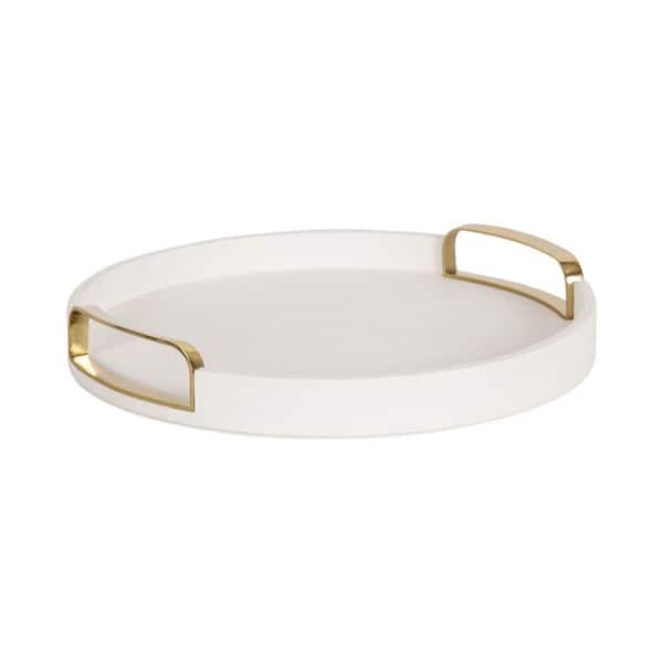 Valeska White/Gold Round 14 in. Faux Leather Decorative Tray