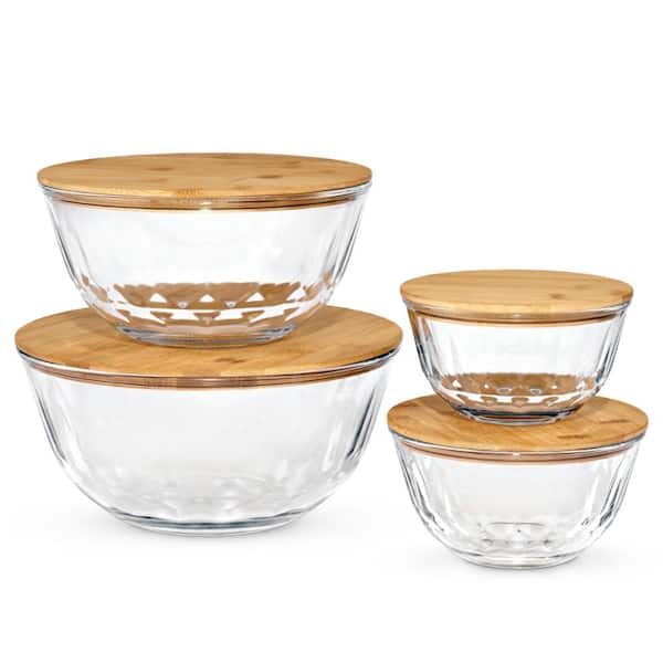 Sorbus 4-Piece Glass Diamond Textured Bowl Set with Airtight Bamboo Lids – Microwave, Dishwasher & Freezer Safe