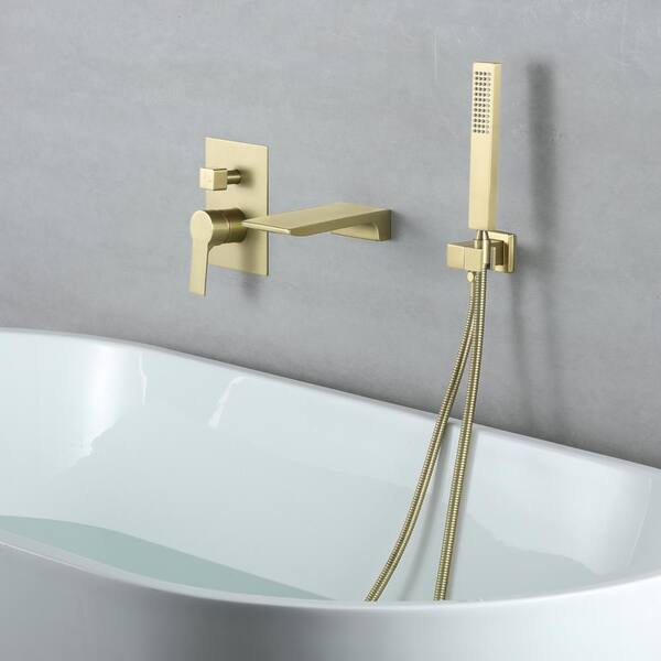 Wellfor Single Handle Wall Mount Roman Tub Faucet With Hand Shower And Waterfall Spout In Brushed Gold Valve Included Spa 88020bg - Single Handle Wall Mount Roman Tub Faucet With Hand Shower Wellfor Single Handle Wall Mount Roman Tub Faucet With Hand Shower And Waterfall Spout In Brushed Gold Valve Included Spa 88020bg - Single Handle Wall Mount Roman Tub Faucet With Hand Shower