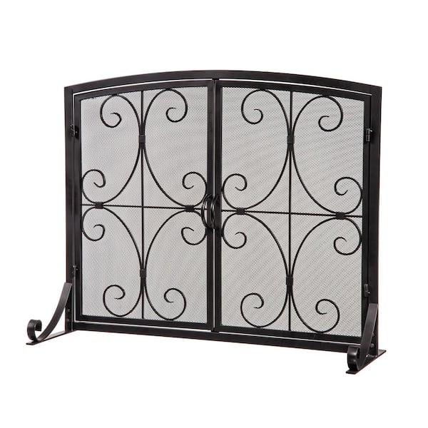 Florence 41 in. x 33 in. Scrollwork Black Metal 1-Panel Fireplace Screen with Doors