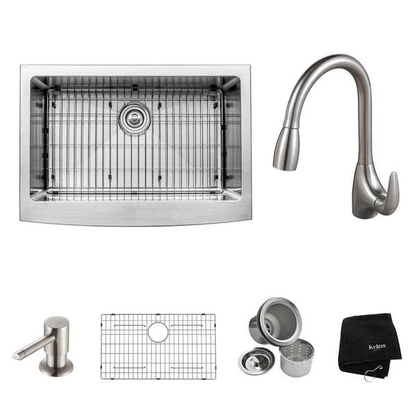 KRAUS All-in-One Farmhouse Apron Front Stainless Steel 30 in. Single Bowl Kitchen Sink with Faucet in Stainless Steel