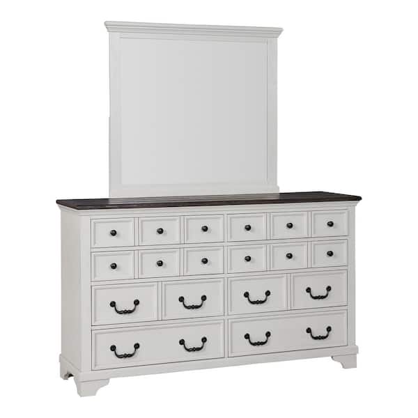 Kento White and Dark Brown 8-Drawer 64 in. Dresser with Mirror and Black Mushroom Knobs
