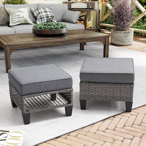 Gray Wicker Outdoor Patio Ottoman with Gray Cushions (2-Pack)