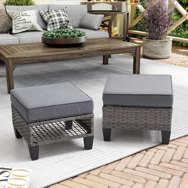 Crestlive Products Gray Wicker Outdoor Patio Ottoman with Gray Cushions (2-Pack)