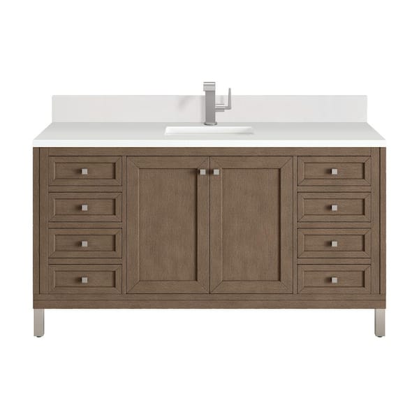 James Martin Vanities Chicago 60.0 in. W x 23.5 in. D x 33.8 in. H Single Bathroom Vanity in Whitewashed Walnut with White Zeus Quartz Top