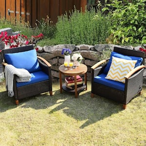 3-Pieces Wicker Patio Conversation Set with Washable Blue Cushion and Acacia Wood Tabletop