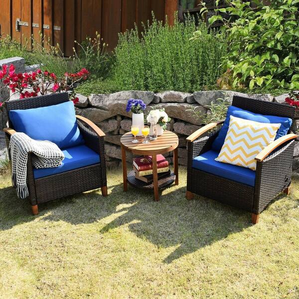 FORCLOVER 3-Pieces Wicker Patio Conversation Set with Washable Blue Cushion and Acacia Wood Tabletop