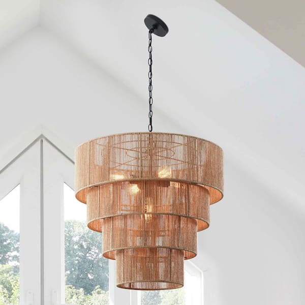 5-Light Beige Oversize 4-Tiered Pendant Light with Rattan Shade