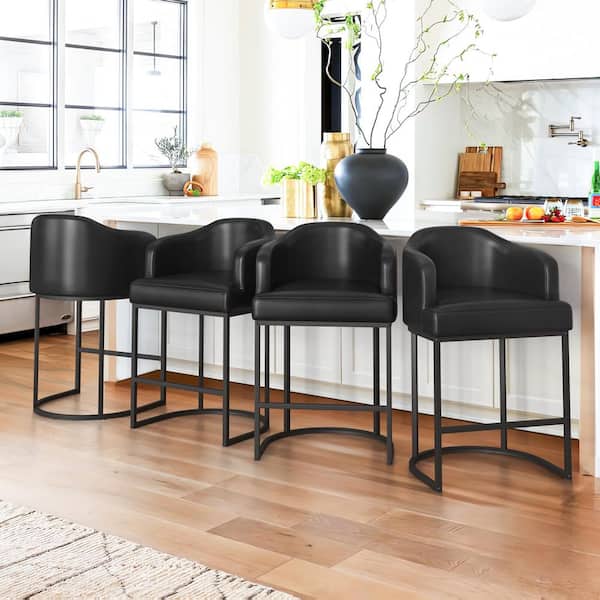 Crystal 26in. Black Faux Leather Upholstered Counter Stool Kitchen Island Bar Stool with Metal Frame Set of 4