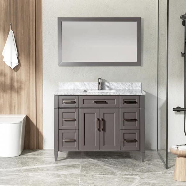 Vanity Art Savona 48 in. W x 22 in. D x 36 in. H Vanity in Grey with Single Basin Vanity Top in White and Grey Marble and Mirror