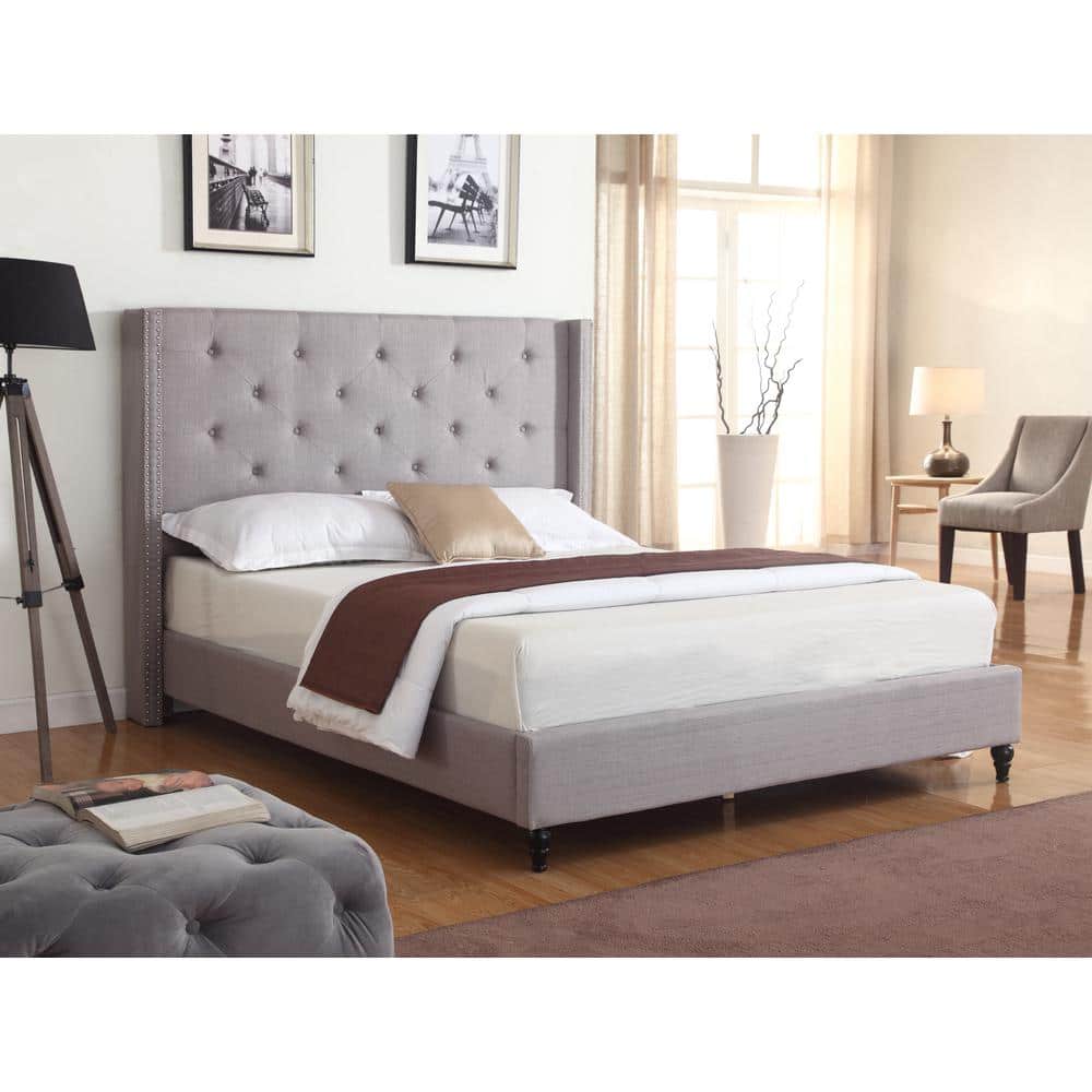 Elegant Linen Queen Platform Bed with Tufted Wingback and Nailhead Trim