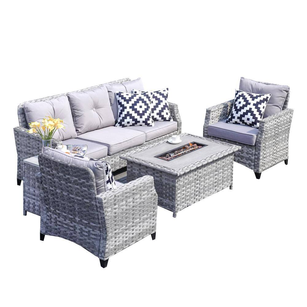 moda furnishings Penny 5-Piece Wicker Patio Conversation Set with Grey ...