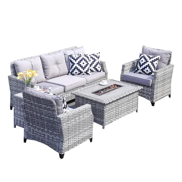 moda furnishings Penny 5-Piece Wicker Patio Conversation Set with Grey Cushions