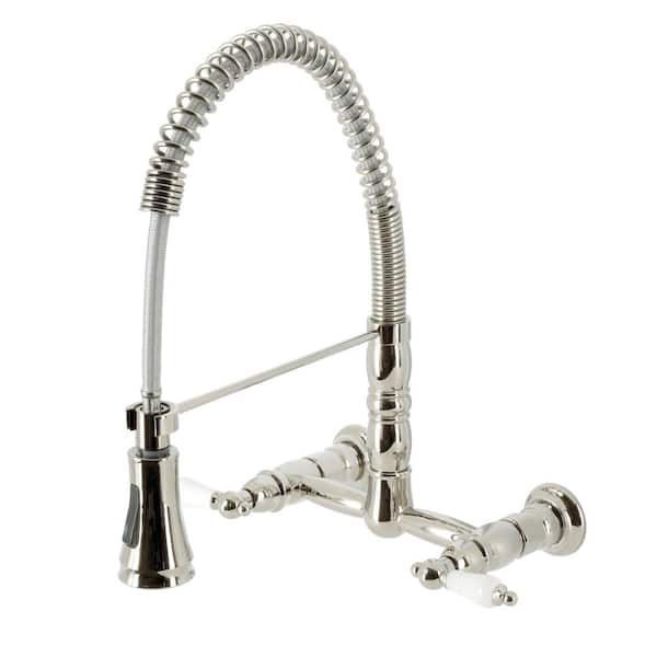Kingston Brass Heritage Double Handle Wall Mount Pull Down Sprayer Kitchen Faucet in Polished Nickel