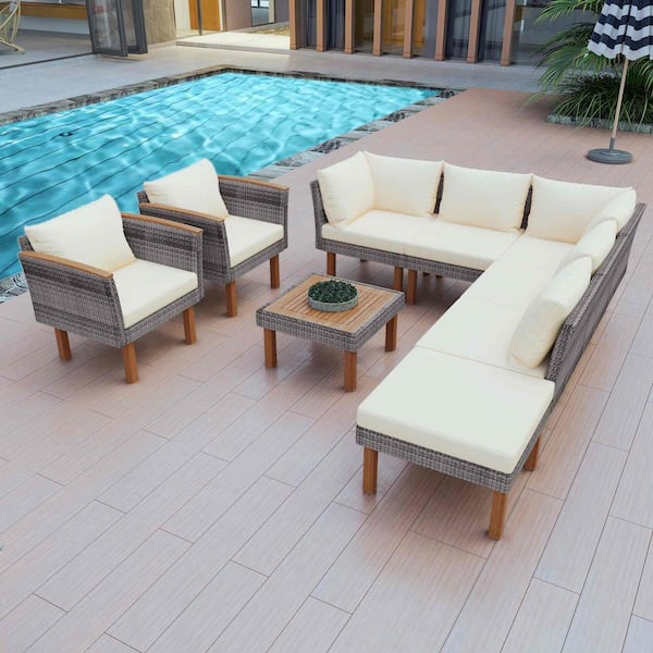 Polibi 9-Piece Gray Wicker Frame Outdoor Patio Conversation Set with Beige Cushions, Coffee Table, Removable Cover