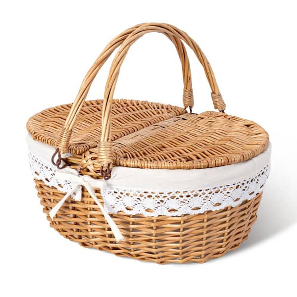 White Lining Natural Willow Picnic Basket with Lid and Handle, Storage Basket with Washable Lining and Dual-Flid Lid