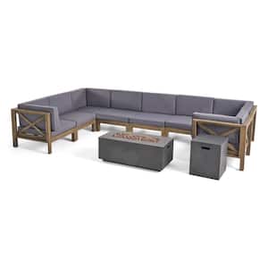 Brava Grey 10-Piece Wood Patio Fire Pit Sectional Seating Set with Dark Grey Cushions