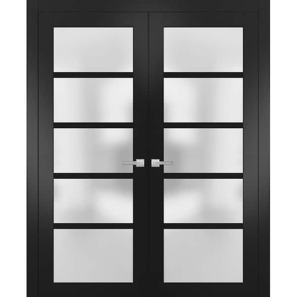 60 in. x 80 in. Black Matte Finished Universal/Reversible Frosted Glass Solid MDF Assembly Required Interior Door Kit
