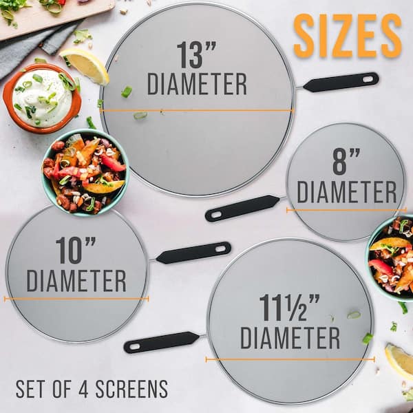 Stainless Steel Splatter Guard Set with Splatter Screen, Comfort Grip Handles for Frying Pan, Cooking Pots (4-Pack)