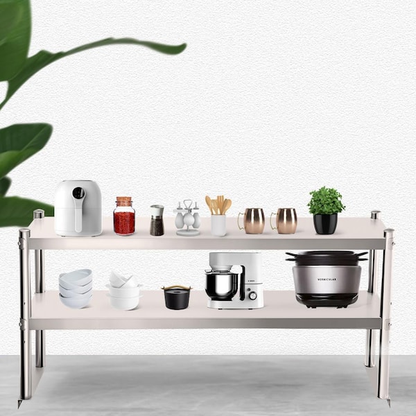 VEVOR Double Tier Stainless Steel Overshelf 36 x 11.8 in. Commercial Prep Table Height Adjustable Kitchen Utility Table,Silver