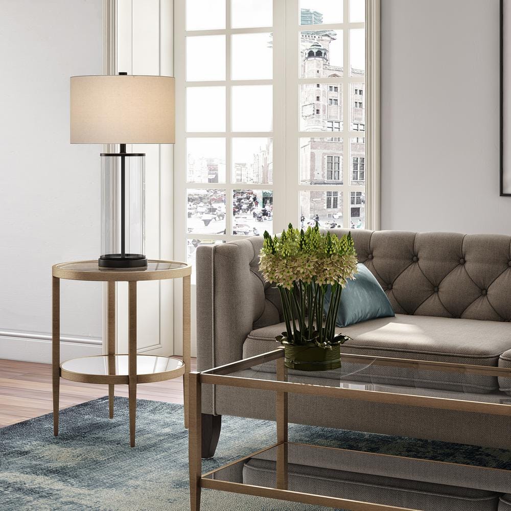 Blackened Bronze and Glass Cylinder Table Lamp with Linen Shade