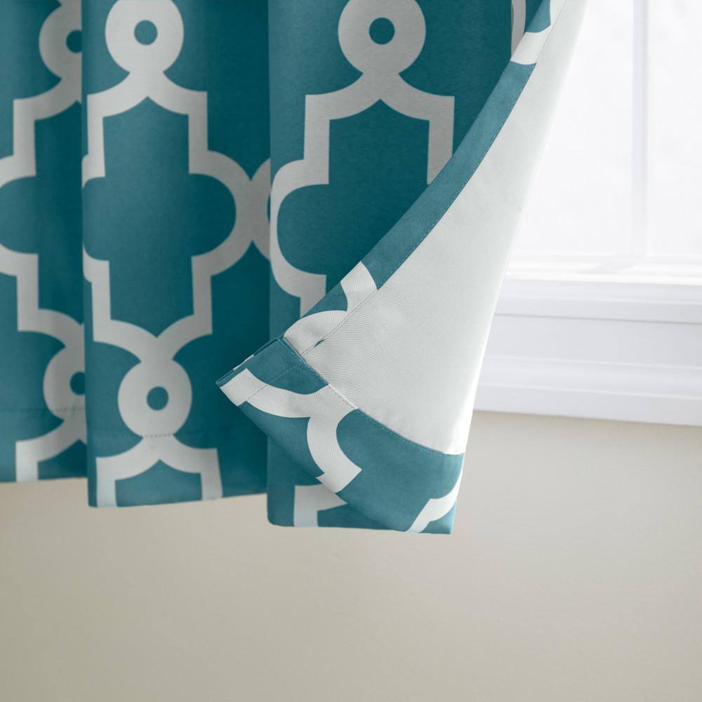 Teal and White Geometric Trellis Blackout Curtain Panels, 52"x96", Set of 2