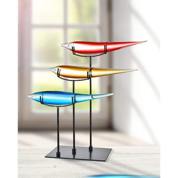 Dale Tiffany 19 in. 3 Multicolor Fish Handcrafted Irregular Art Glass Figurine