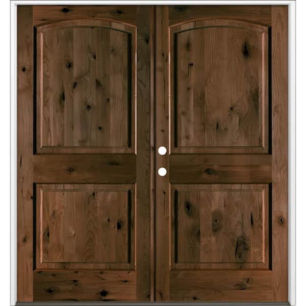 60 in. x 80 in. Rustic Knotty Alder 2-Panel Arch-Top Active Right Double BEHR Espresso Stain Wood Prehung Front Door