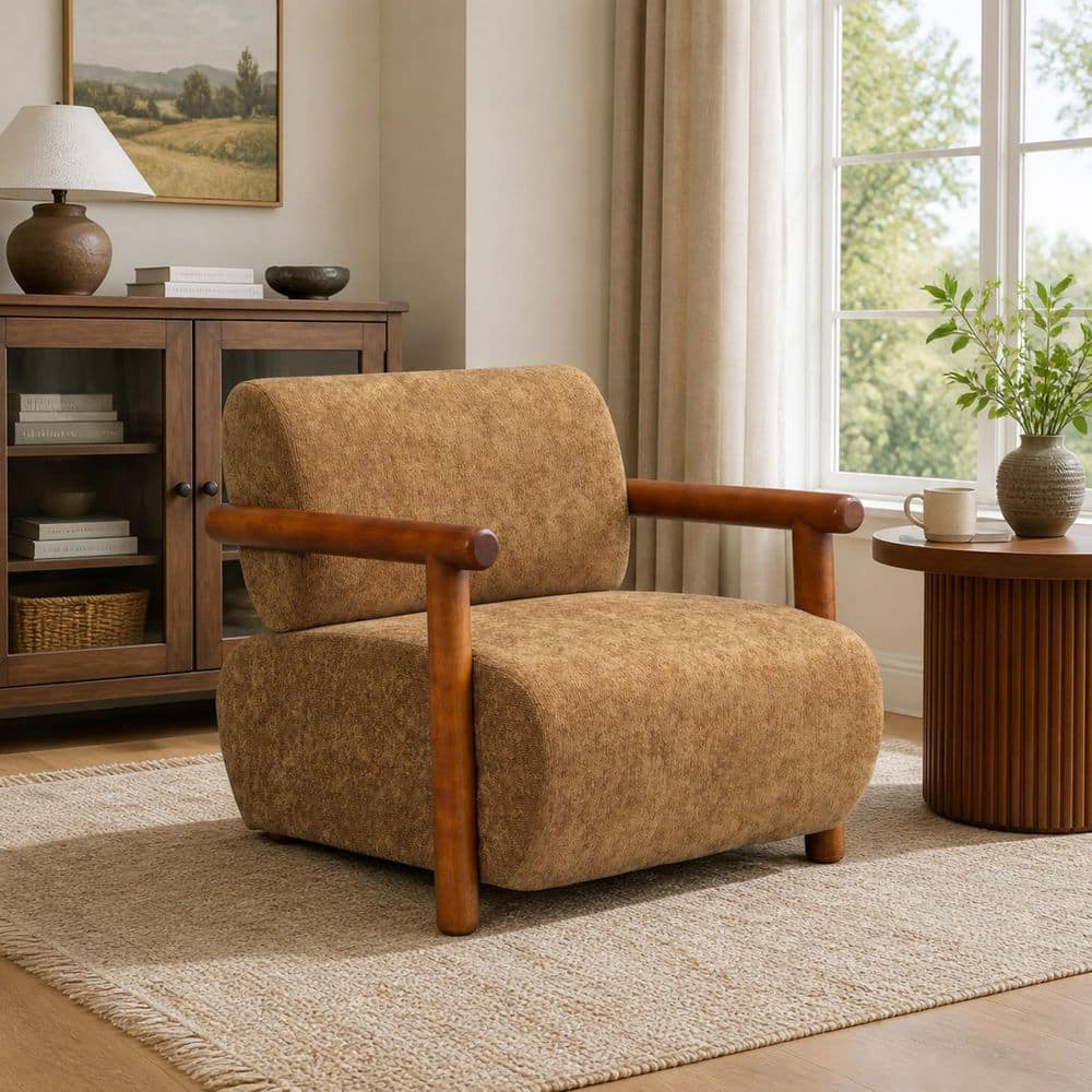 Modern Mocha and Brown Chenille Arm Chair Set of 1 with Solid Wood Thick Round Armrests, Curved Silhouette
