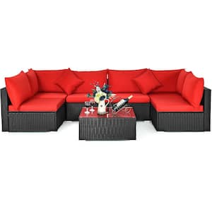 7-Piece Black Wicker Patio Conversation Set with Red Cushions