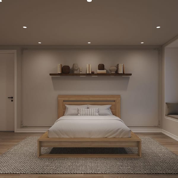 Morgan Brown Oak Frame Queen Size Platform Bed with Headboard