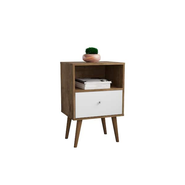 Manhattan Comfort Liberty Mid-Century Modern Rustic Brown and White 1-Drawer 17.72 in. W Nightstand