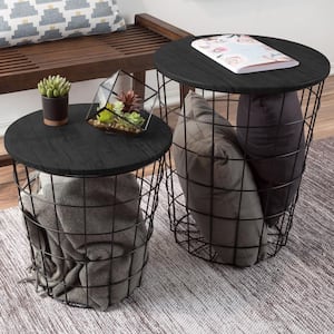 17.5 in. Black 2-Piece Nesting Veneer Metal and Wood Round Accent Table Set