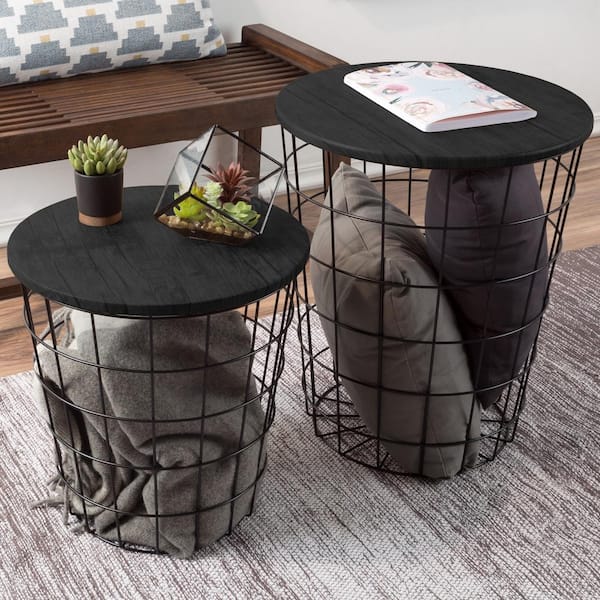 17.5 in. Black 2-Piece Nesting Veneer Metal and Wood Round Accent Table Set